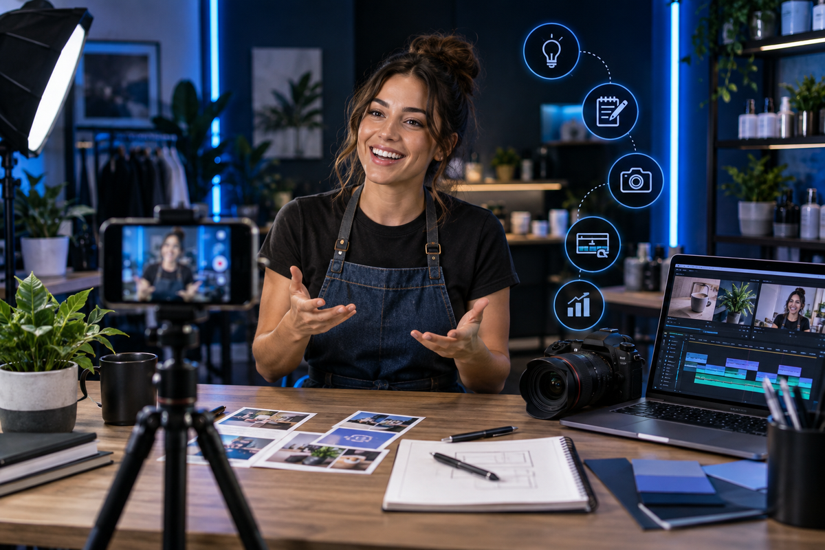 Local business owner creating short-form social media content with a professional production setup